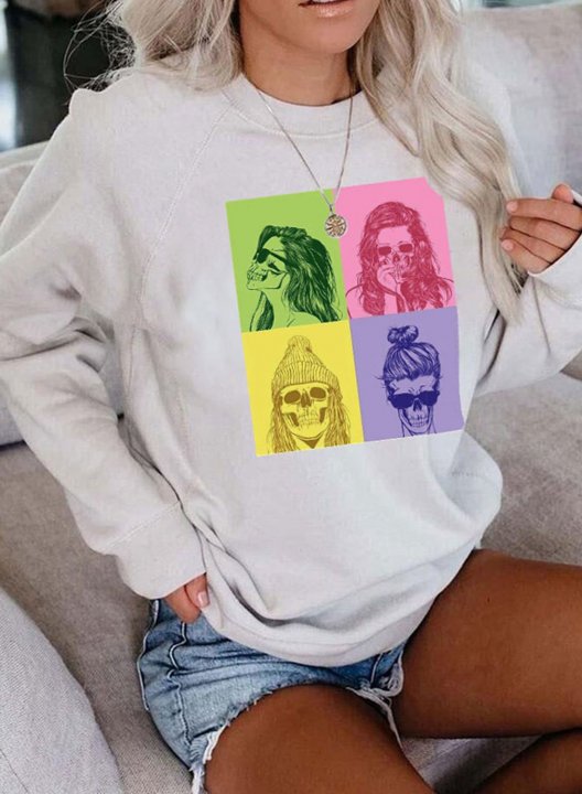 Women's Graphic Sweatshirts Color Block Portrait Print Long Sleeve Round Neck Casual Sweatshirt