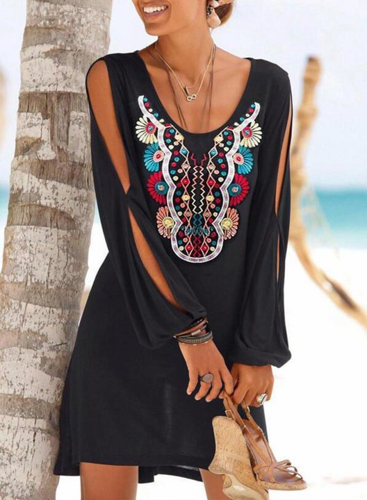 Women's Mini Dress Tribal A-line U Neck Long Sleeve Summer Boho Beach Mini Dress