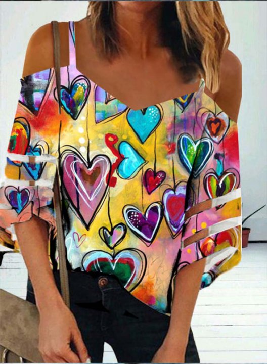 Women's Pullovers Mesh Multicolor Tiedye Heart-shaped 3/4 Sleeve V Neck Casual Daily Tunic Pullover