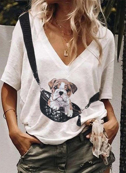 Women's T-shirts Solid Dog Print Short Sleeve V Neck Casual T-shirt