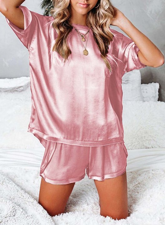 Women's Loungewear Sets Solid Short Sleeve Round Neck Casual Pocket Shorts 2-Piece Loungewear Sets