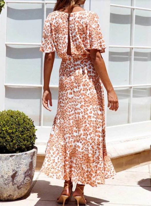 Women's Maxi Dress Leopard Color Block V Neck Criss Cross Half Sleeve Summer Vacation Beach Maxi Dress