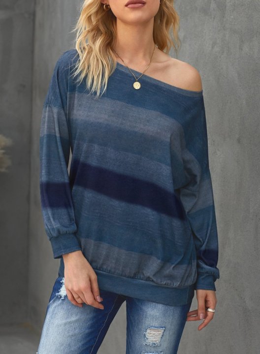 One shoulder Solid Long Sleeve Striped Loose Sweatshirt