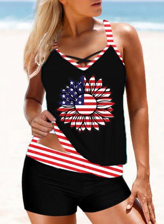 Women's Tankinis Mid Waist Fruits & Plants American Flag Sun Criss Cross Round Neck Padded Casual Tankini Set