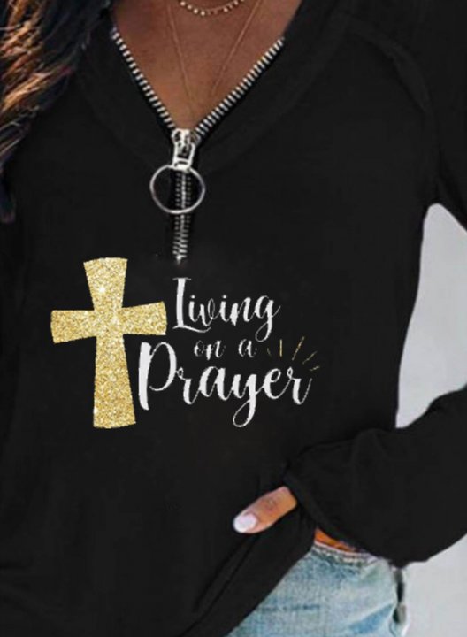 Women's Sweatshirt Letter Living on a Prayer Color Block Long Sleeve Zip V Neck Daily Pullover