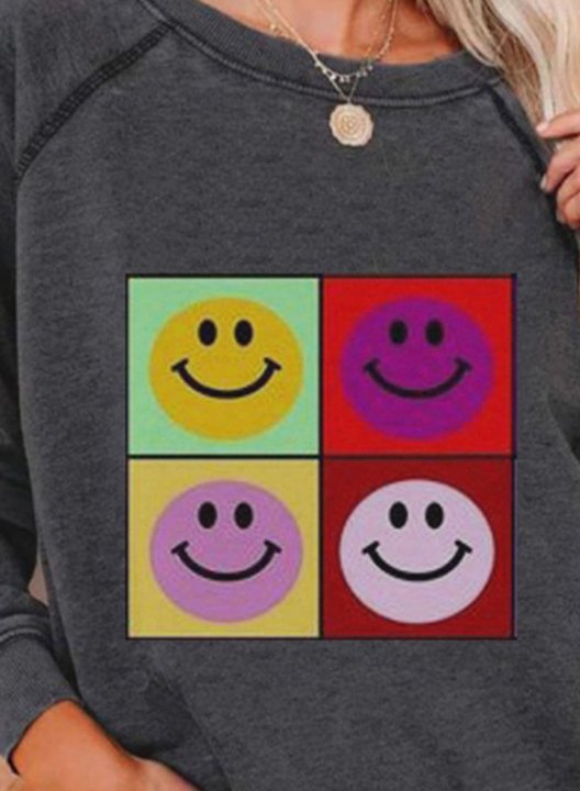 Women's Sweatshirts Funny Smiley Face Print Long Sleeve Round Neck Casual Sweatshirt