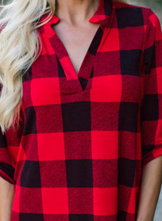 Women's Plaid V Neck Long Sleeve Shirts Casual Loose Blouse Tops