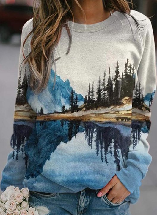 Women's Sweatshirts Color Block Landscape Print Long Sleeve Round Neck Casual Sweatshirt