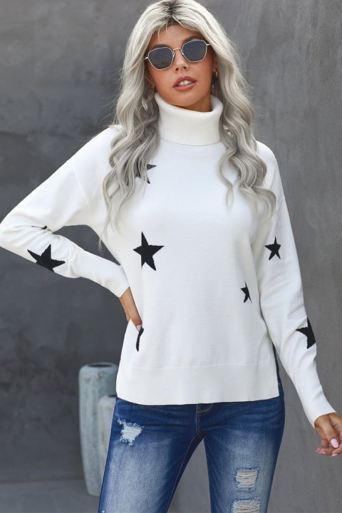 Women's Sweaters Khaki Turtleneck Dropped Sleeve Star Print Sweaters