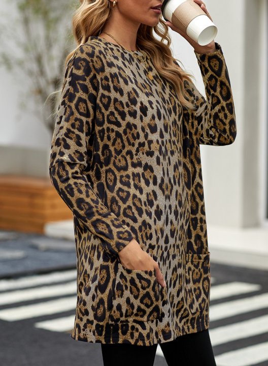 Leopard Round Neck Long Sleeve Tunic Sweatshirt