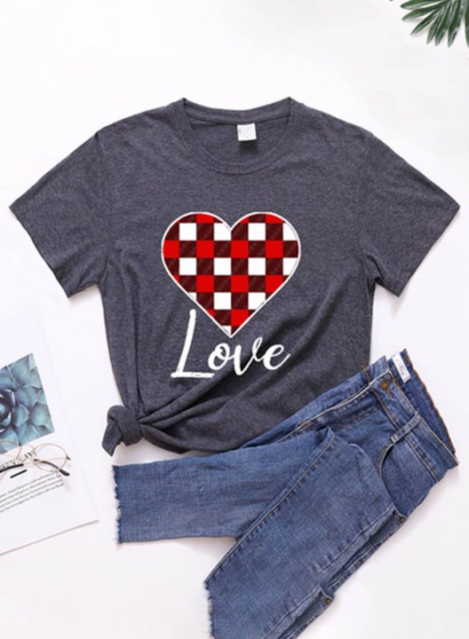 Women's T-shirts Plaid Heart Print Color Block Short Sleeve Round Neck Daily T-shirt