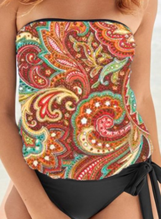 Women's Tankinis Mid Waist Tribal Knot Padded Off Shoulder Casual Vacation Tankini Set