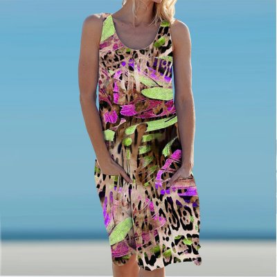 Butterfly Leopard Print Holiday Casual Round Neck Sleeveless Dress Vest