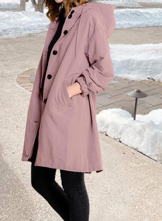 Women's Coats Solid Color Long Sleeve Button Hooded Drawstring Casual Coat Windbreaker