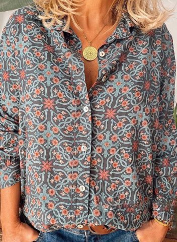 Women's Blouse Retro Ethnic Style Geometric Aztec Floral Print Long Sleeve Stand Neck Button Shirt