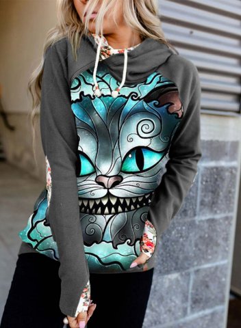 Women's Cheshire Cat 3D Graphic Hoodies Drawstring Long Sleeve Solid Floral Cat Print Daily Casual Hoodies With Pockets