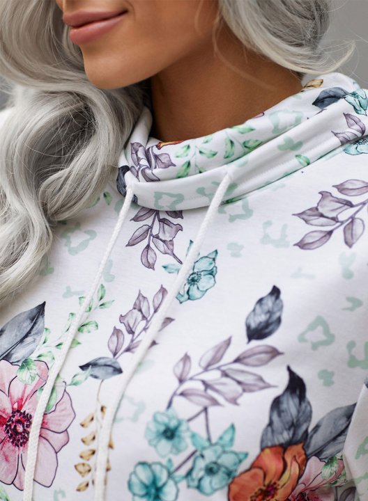 Color Block Long Sleeve High Neck Floral Sweatshirt