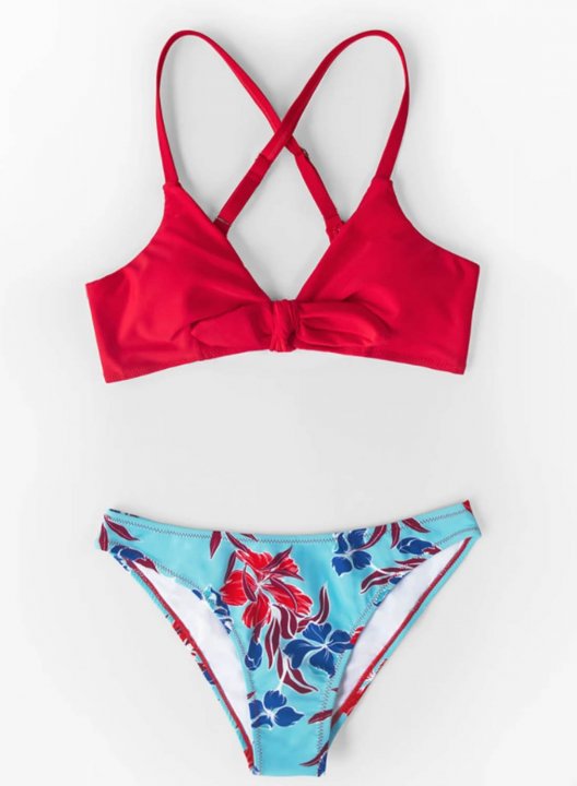 Women's Bikinis Floral Tropical Low Rise Sleeveless Spaghetti Padded Adjustable Wire-free Knot Beach Bikini Suit