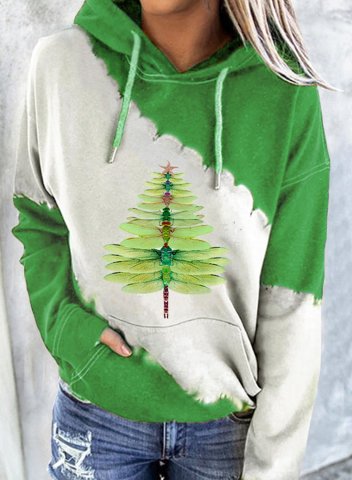 Women's Hoodies Dragonfly Christmas Tree Print Drawstring Long Sleeve Color Block Hoodies With Pockets