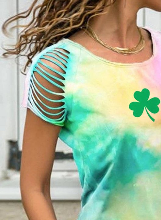 Women's St Patrick's Day T-shirts Tie Dye Shamrock Print Cut-out Short Sleeve Daily Summer T-shirts