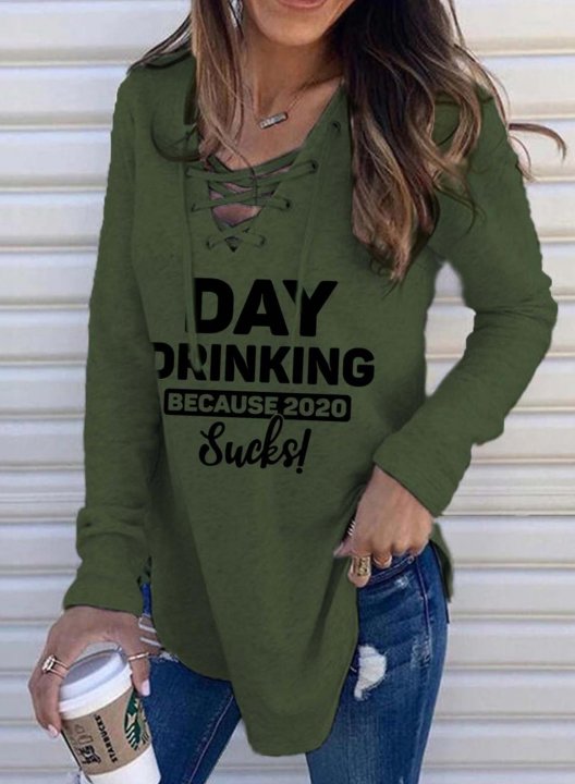 Day Drinking because 2020 Sucks Letter Print Shirt Long Sleeve V Neck Tunic Sweatshirt