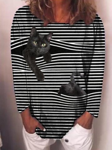 Cute Cat Print Sweatshirt Plus size Striped Casual Long Sleeve Shirts & Tops