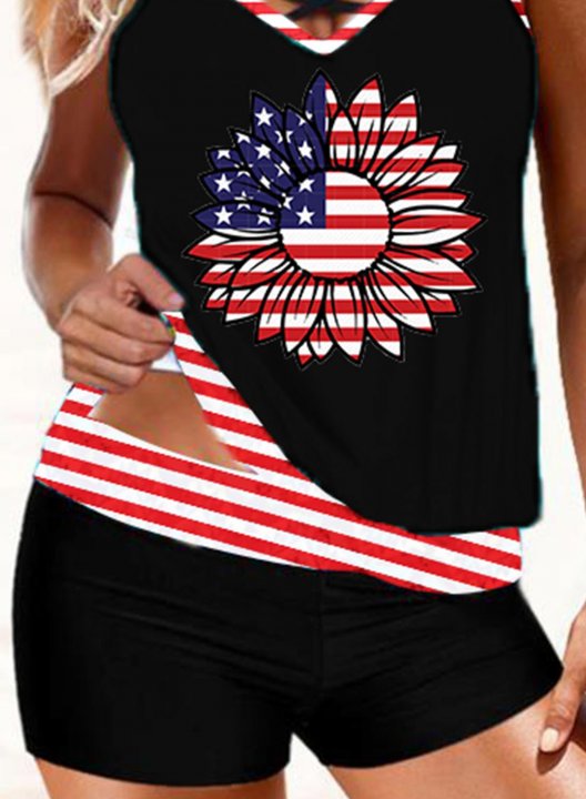 Women's Tankinis Mid Waist Fruits & Plants American Flag Sun Criss Cross Round Neck Padded Casual Tankini Set