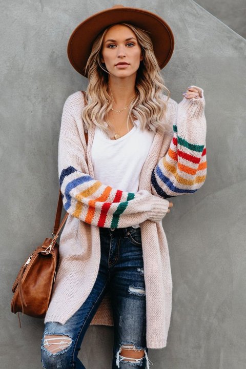 Women's Cardigans Striped Balloon Sleeve Cardigan