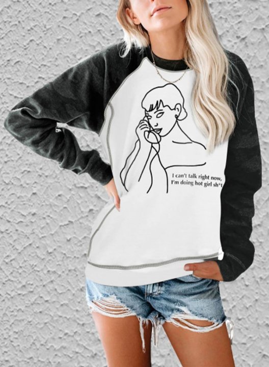 Women's Sweatshirts Letter Portrait Print Long Sleeve Round Neck Color Block Raglan Sleeves Sweatshirt