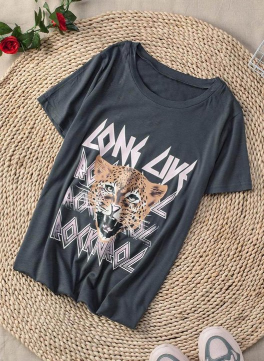 Women's T-shirts Animal Print Letter Rock Short Sleeve Round Neck Daily T-shirt