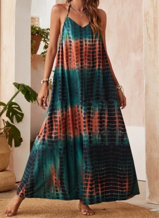 Women's Maxi Dress Multicolor A-line Halter Sleeveless Split Casual Vacation Beach Maxi Dress