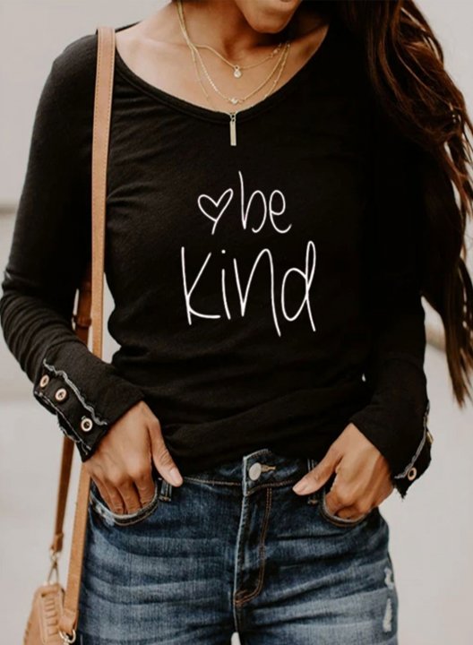 Solid Letter Be Kind Round Neck Long Sleeve Button Sweatshirt