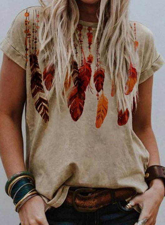 Women's T-shirts Tribal Feather Pattern Short Sleeve Round Neck Casual Boho T-shirt