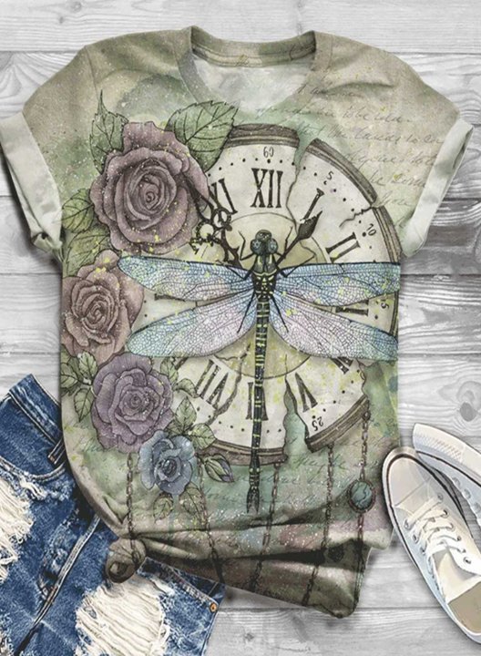 Women's T-shirts Rose Dragonfly Print Short Sleeve Round Neck T-shirt