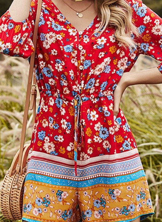 Women's Rompers Flare Floral High Waist Short Daily Boho Rompers