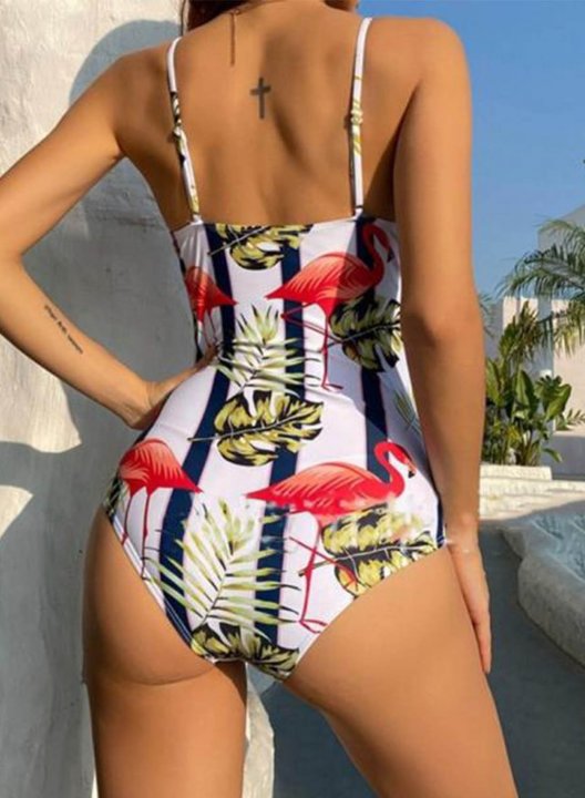 Women's One Piece Swimwear Striped Floral Cut Out Spaghetti One-Piece Swimsuit