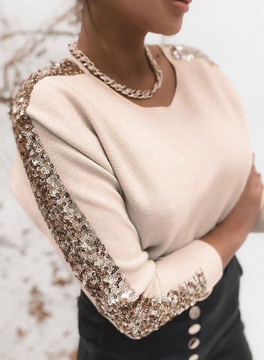 Women's Pullovers Solid Sequin Long Sleeve Round Neck Party Daily Date Elegant Pullover