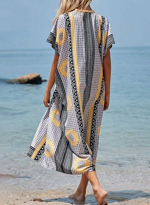 Women's Maxi Dresses Color Block Tribal Floral Short Sleeve Shift V Neck Boho Vacation Beach Maxi Dress