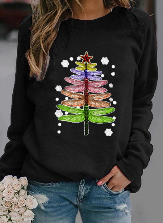 Women's Sweatshirts Dragonfly Christmas Tree Print Long-sleeve Round-neck Sweatshirt