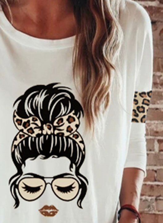 Women's T-shirts Portrait Print Leopard Long Sleeve Round Neck Daily T-shirt