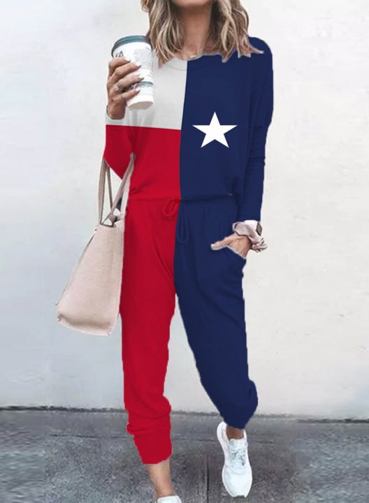 Women's Loungewear Sets Color Block Texas Flag Star Long Sleeve Round Neck Casual Loungewear Sets