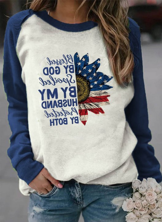 Women's Blessed By God Spoiled By My Husband Protected By Both Sweatshirts Floral Letter Flag Print Sweatshirt