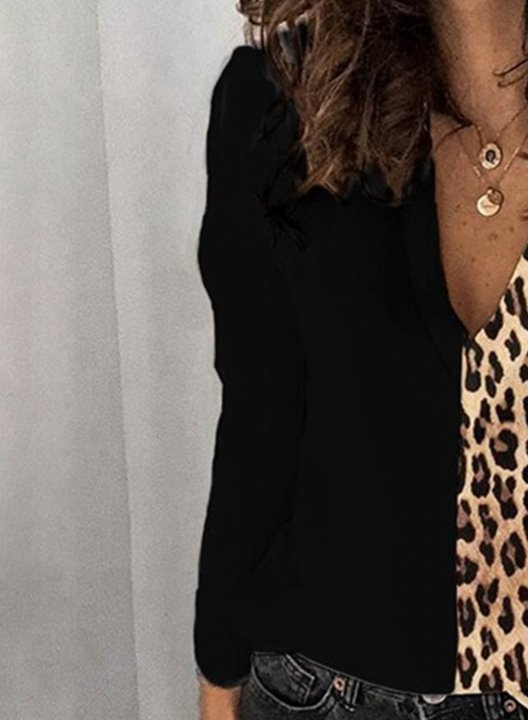 Women's Blouses Leopard Color Block Long Sleeve V Neck Daily Blouse