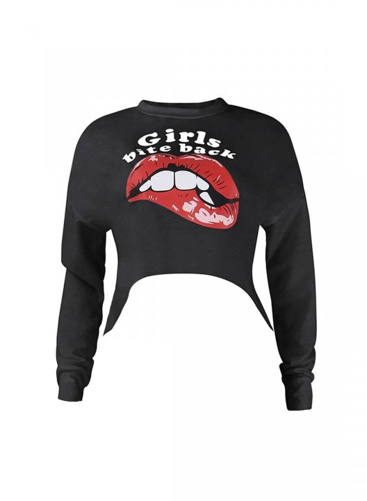 Solid Long Sleeve Crew Neck Letter Lips Print Sweatshirt