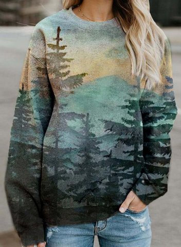 Women's Sweatshirts Color Block Mountain Landscape Treetop Print Long Sleeve Round Neck Daily Sweatshirt