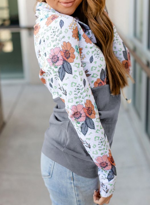 Color Block Long Sleeve High Neck Floral Sweatshirt