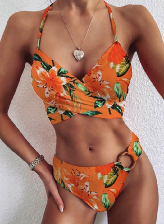 Women's Bikinis Floral Tropical Mid Waist Sleeveless Spaghetti Padded Adjustable Wire-free Beach Bikini Suit