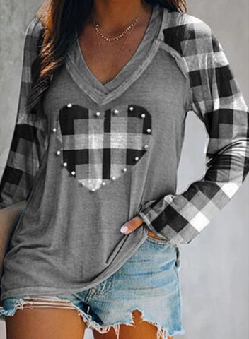 Women's Sweatshirt Casual Plaid Heart Print Color Block V Neck Long Sleeve Daily Shirts