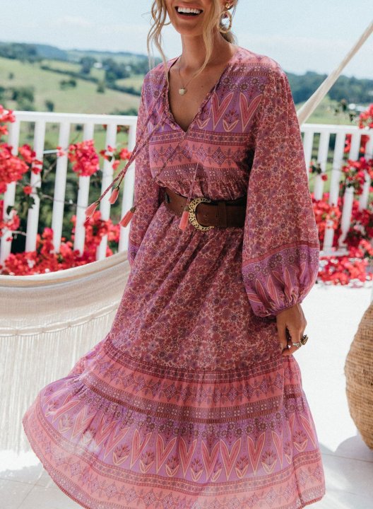 Women's Midi Dresses Tassels Fit & Flare Floral Long Sleeve V Neck Vacation Vintage Midi Dress