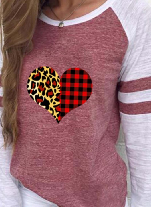 Women's T-shirts Striped Leopard Color Block Heart-shaped Print Long Sleeve Round Neck Daily T-shirt